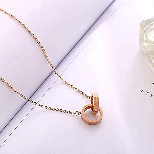 Preisvergleich Produktbild CKAWM Halskette Klassische Rose Gold Titanium Stahl Kurze Schlüsselbeinkette Weibliche Doppelring Anhänger Halskette