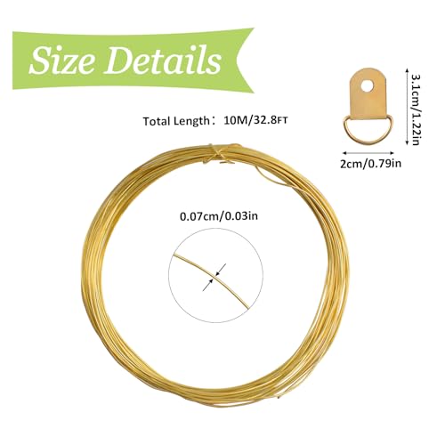 Image of Picture Hanging Wire Kit 2 Roll 10m /32.8Ft Brass Hanger Wire and 30PCS Iron D-Shaped Rings Heavy Duty Hanging Hardware Display Kit for Wall Picture, Exhibition, Art Gallery (Gold)