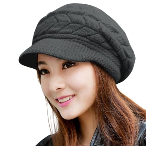 Loritta Womens Winter Beanie Hats Thick Warm Knitted Chunky Soft Slouchy Cap with Visor Brim,Dark Grey