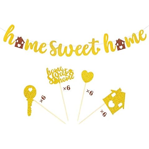 Joymee Home Sweet Home Banner Family Cupcake Toppers Housewarming Decor for New Home Navy Military Classroom Warming Welcome Party Suppliles Gold Glitter Decorations 25 PACK Cover