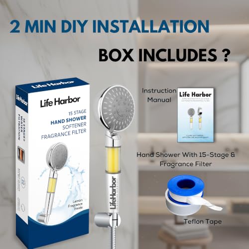 Image of Life Harbor Hand Shower Filter for Hard Water | 15 Stage Purifier | Shower Head Water Softener for Hair Fall, Dry Skin | 2X Active Filtration Media (Hand Shower: 15 Stage + Fragrance Filter)