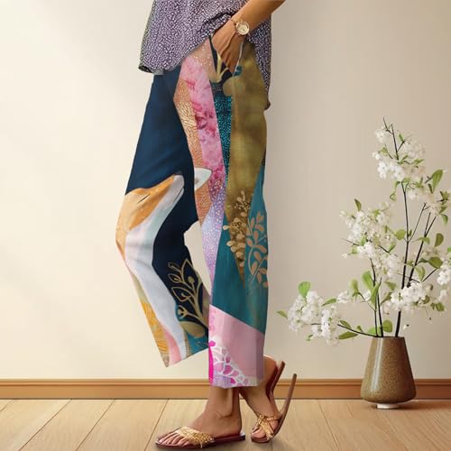 Womens Funny Cat Print Pants High Waisted Baggy Summer Pants Casual Straight Leg Palazzo Trousers with Pockets2