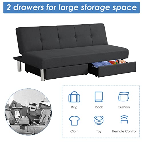COSTWAY 3 Seater Convertible Sofa Bed, Click Clack Reclining Sleeper Couch with Stainless Steel Legs, Fabric Tufted Upholstered Sofa Settee for Living Room Bedroom (with 2 Storage Drawers, Black) COSTWAY 3 Seater Convertible Sofa Bed, Click Clack Reclining Sleeper Couch with Stainless Steel Legs, Fabric Tufted Upholstered Sofa Settee for Living Room Bedroom (with 2 Storage Drawers, Black)