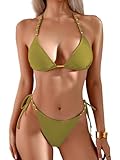 TASHEHE Women's Bikini Set High Cut Triangle Sexy Tie Swimsuit Two Piece Beads Shoulder Straps Bathing Suit - 433 / Yellow Green - Small
