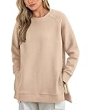 BTFBM Womens Sweatshirts Long Sleeve Crew Neck Pullover Side Slit Shirt Tops Tunic Hoodies Y2K Fashion Spring Clothes(Solid Apricot, Medium)