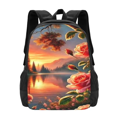 Backpack for Women & Men Flower forest Sunset Adjustable Back Pack Lightweight Casual Daypack Laptop Rucksack Waterproof Carry On Shoulder Bag for Travel Work Camping Outdoor Hiking