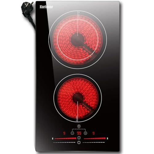 Karinear Placa vitroceramica 2 fuegos 30 cm, Zona extension, Control táctil, Bloqueo para niños, Protección contra sobrecalentamiento, Apagado automático, Temporizador, 220V~240V, 3200W.