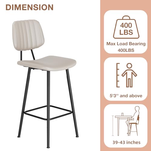 Image of Raynesys 29-Inch Leather Bar Stools Set of 2 with High Backrest, Beige