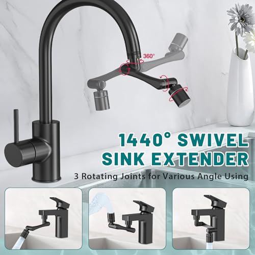 Image of CECEFIN 1440 Rotating-Faucet-Extender Sink Aerator - 1080+360 Large-Angle Splash Tap Extension with 2 Water Outlet, Swivel Multifunctional Robotic Arm for Kitchen /Bathroom, Black