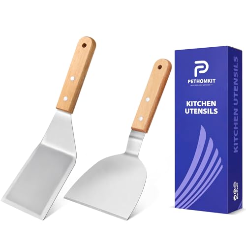 Metal Spatula Set,Fish Griddle Spatulas,Stainless Steel Spatula Turner with Wooden Handle,Small Wide Beveled Edges Spatulas Flippers for Cast Iron Skillet, Pancake, Egg, Burger, Omelet, 2 Pack