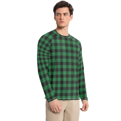 Green Black Small Plaid UPF 50+ Sun Shirts for Men Fishing Round Neck Men's Sun Shirt Long Sleeve Outdoors3