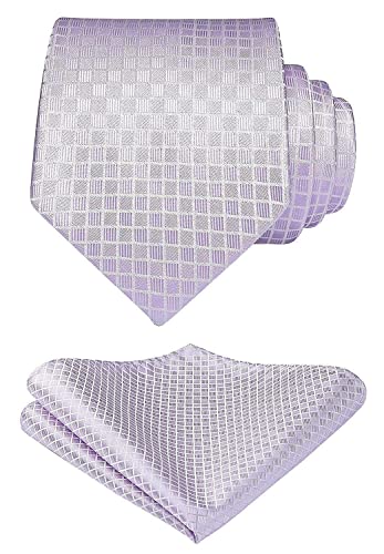 Image of HISDERN Ties for Men Plaid Checkered Tie with Pocket Square Woven Business Formal Necktie Handkerchief Set Wedding Party