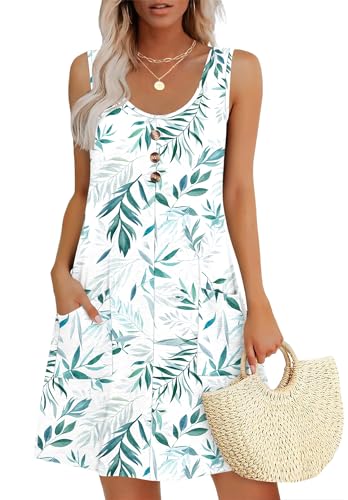 MOLERANI Summer Dresses for Women - Sleeveless Ladies Dress Casual Round Neck Women Dress with Pockets White Willow Leaf L