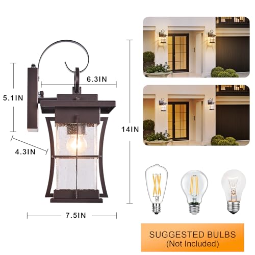 EERU 2 Pk Oil Rubbed Bronze Outdoor Sconces Light with Dusk to Dawn Sensor Photocell Exterior Porch Lanterns Outside Wall Lamps Waterproof Brown Metal with Seeded Glass Coach Light Fixtures for House by EERU - Used condition - Image 6