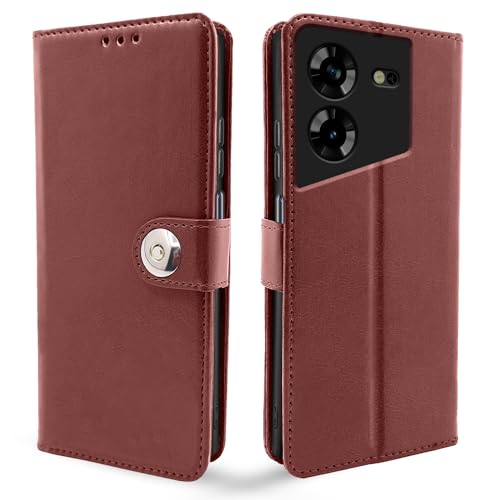 Image of Pikkme Tecno Pova 5 / Tecno Pova 5 Pro 5G Flip Cover Leather Finish | Inside TPU with Card Pockets | Wallet Stand and Shock Proof | Complete Protection Button Flip Case (Brown)