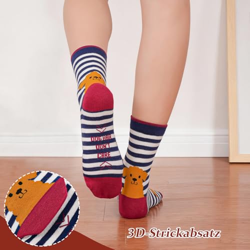 Niorasen Bunte Lustige Socken Damen aus Baumwolle 5 Paar, Neuheit Weihnachtssocken Katzensocken Motivsocken, Witzige Coole Süße Karikatur Tier Motiv Socken Geschenk für Frauen, Gestreifter Hund