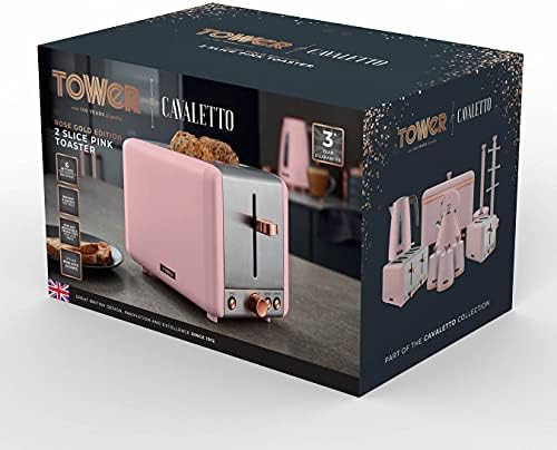 Tower T20036PNK Cavaletto 2-Slice Toaster with Defrost/Reheat, Stainless Steel, 850 W, Marshmallow Pink and Rose Gold