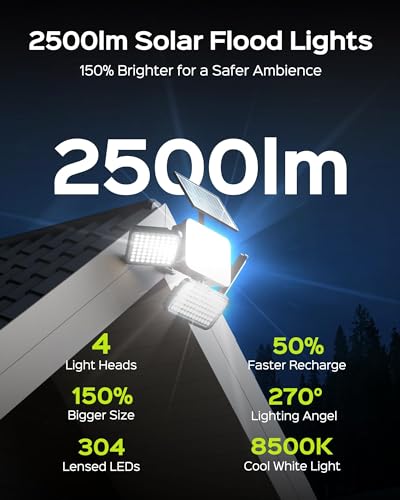 JACKYLED Solar Lights for Outside, 304 LED 8500K Motion Sensor Outdoor Light, 4 Adjustable Heads 3 Mode Solar Flood Lights, IP65 Waterproof LED Security Lights for Yard Patio Wall (2 Pack) - Image 5