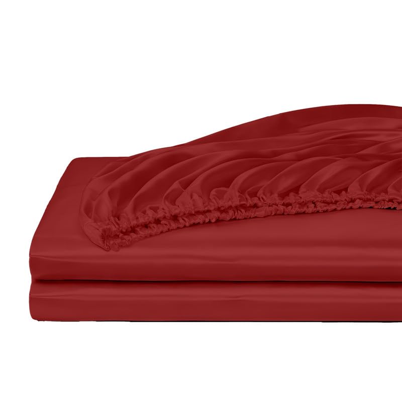 Image of Filbert - Premium Satin Fitted Bedsheet Single Bed (36x75 Inch) with 1 Pillow Cover | Hypoallergenic Breathable | Hair and Skin Friendly, Women Gift Choice|Crimson Burgundy