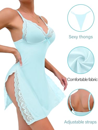 Image of Foxiny Sexy Split Side Floral Lace Trim Full Slip Night Gown Babydoll Lingerie Dress with Thong 2 piece