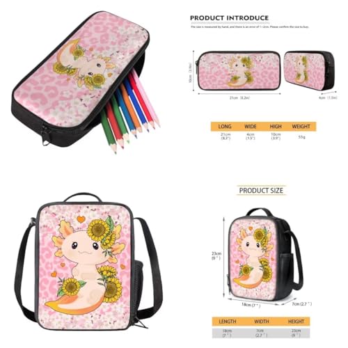 Kuiaobaty Pink Axolotl 15 Inches Girls Book Bag and Lunch Box Kawaii Backpack and Pencil Box for Daycare Thicken School Bag with Lunch Bag for Kids School Supplies Gift for Birthday3