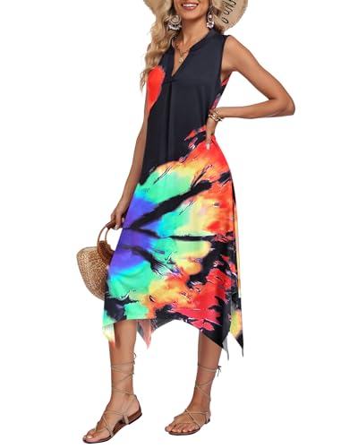 Image of AUSELILY Summer Dresses for Women 2026 Casual Sleeveless Sundress Asymmetrical Hem Tank Midi Dress with Pockets
