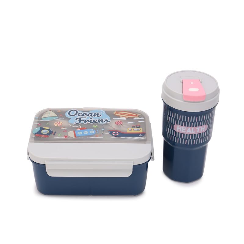 Image of Lunch Boxes 600 ml with 500ml Water Bottle Combo| Plastic 3 Compartment Leakproof Bento Box for School Picnic Office Boys and Girls - BPA Free - 4-Side Lock (Color - Dark Blue)