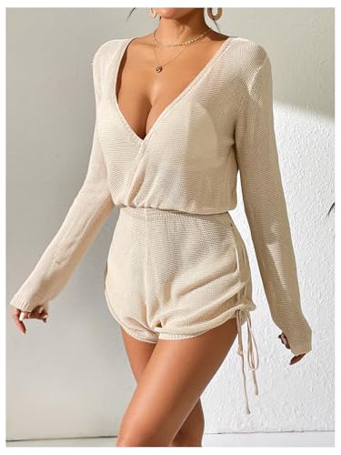 GORGLITTER Women's Crochet Swimsuit Cover Up Wrap V Neck Long Sleeve Drawstring Side Coverup Romper2