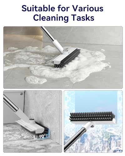 Image of Small Floor Scrub Brush with Length Adjustable Long Handle, 3 in 1 Heavy-Duty Stiff Bristle Scrubber Brush with Squeegee and Tweezer for Cleaning Bathroom, Tile, Deck, Patio, Garage and Kitchen