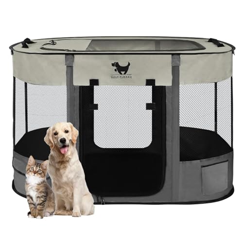 Rest-Eazzzy Dog Playpen, Foldable Kitten Playpen for Medium Dogs, Portable Pet Puppy Playpen with Removable Shade Cover, Indoor Outdoor Travel Camping Use for Small Pets with Carrying Case (