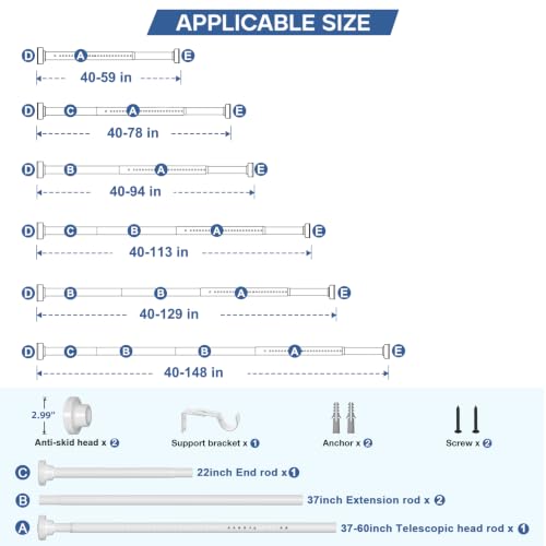 Image of Long Tension Curtain Rod 40-148inch White Shower Curtain Rods no Drilling Adjustable Tension Rod for Windows,Shower,Patio,Doorway,Heavy Duty Spring Rods Diameter 1.26inch