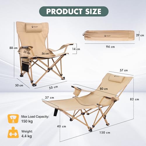 VILLEY Reclining Camping Chair with Removable Footrest, 2 in 1 Portable Adjustable Recliner Camp Chair, Headrest & Storage Bag, Supports Up to 150 kg - Image 6