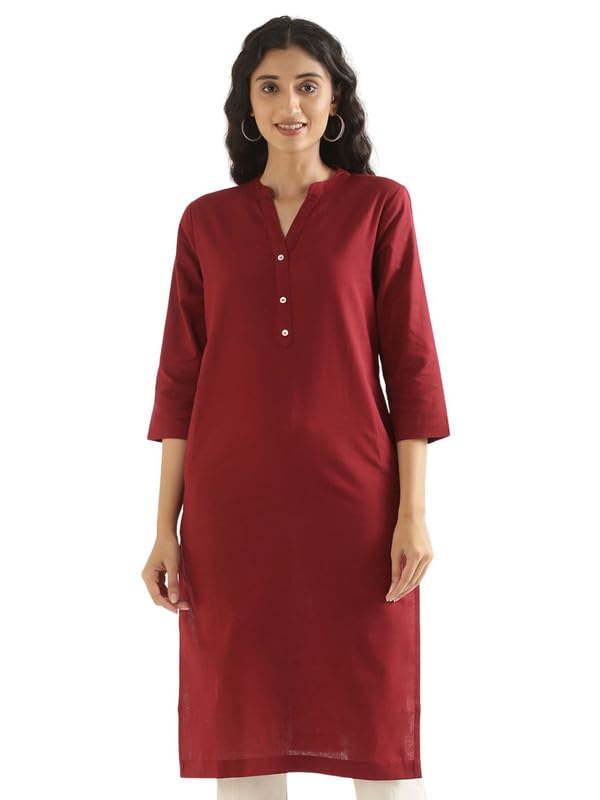 Image of SAADAA Women's Linen Straight Fit Straight Long Kurta Airy Plain Kurta, 3 /4 Sleeve, Knee Length Kurtis with Pockets, Casual and Office Wear