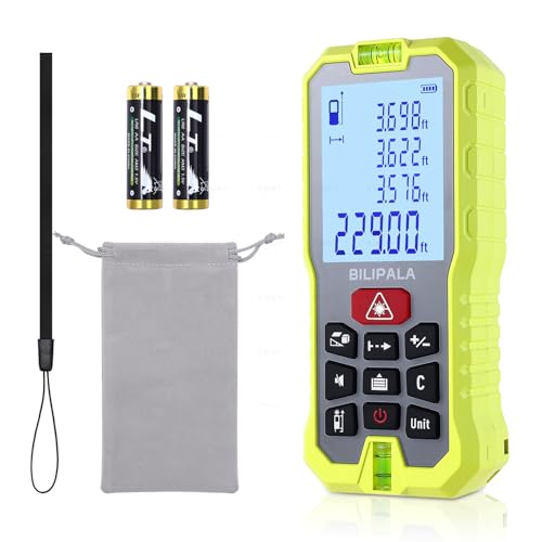 BILIPALA Laser Entfernungsmesser 70 m, Lasermessgerät mit Compaktes und LCD-Hintergrundbeleuchtung, 2 Wasserwaagen, Tragbarer Lasermessgerät M/In/Ft Umschaltung, Fläche, Volumen, Pythagoräisch(Rot)