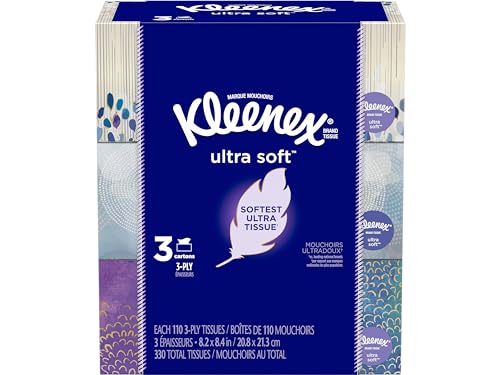 Kleenex Ultra Soft Facial Tissues, 3 Flat Boxes, 110 Tissues per Box (330 Total Tissues)