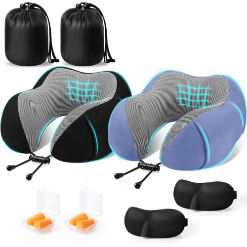 Image of CloudBliss Memory Foam Travel Neck Pillow Airplane, 2 Pack, Black & Blue