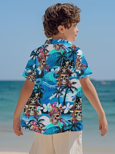 Image of THE PIRATE KING Funny Pirate Hawaiian Shirt Boys Girls Beach Tropical Casual Short Sleeve Button Down Shirt for 5-14 Years