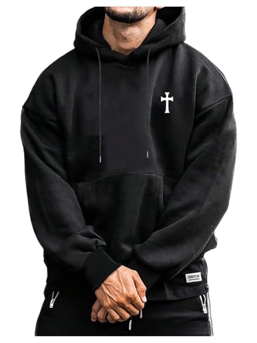 SOLY HUX Hoodies for Men Graphic Print Drawstring Drop Shoulder Long Sleeve Sweatshirt Pullover Tops Black Cross Medium