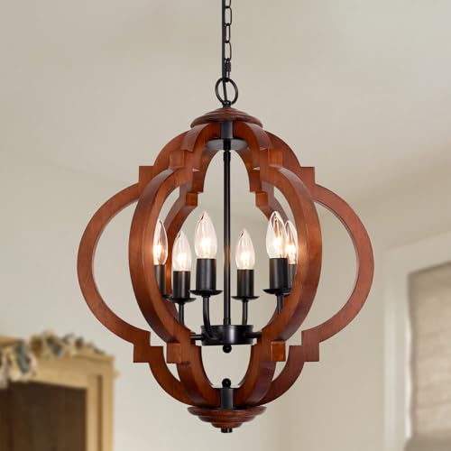6-Light Farmhouse Rustic Wood Chandelier Red Black Dining Kitchen Entryway by FwdmHao - Used condition - US$98.39