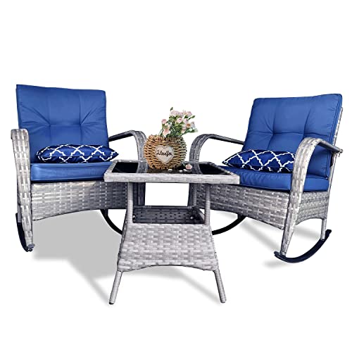 Sensweet Wicker Rocking Chairs Set Of 2, Rattan Patio Rocking Chairs, All-Weather Rocking Lawn Wicker Furniture For Porch Deck Garden Backyard(Navy Blue) #TOP19