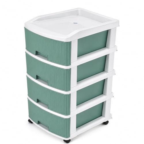 Image of Chest of Modular Drawers- use as many drawers required, Smart storage & Strong built, Easy to assemble, wheels for mobility, sturdy for daily use (Green linear-4)