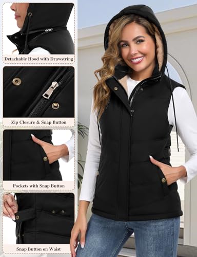 heekpek Damen Weste mit Kapuze Winterweste Ärmellose Fleeceweste Steppweste Kurz Reißverschlüsse Outdoor Warme Damenwesten Ärmellose Jacke Herbst Thermoweste, Schwarz, L