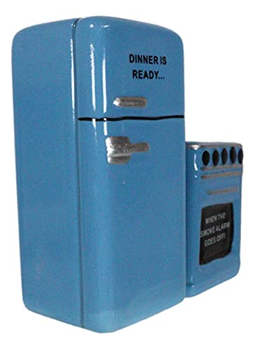 Ebros Retro Blue Old Fashioned Vintage Refrigerator And Kitchen Stove Salt And Pepper Shakers Ceramic Magnetic Figurine Set 4"H #TOP3