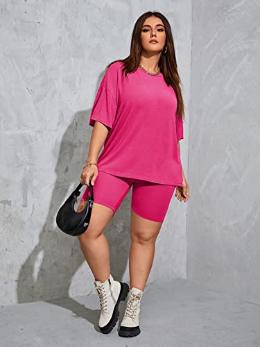 Wdirara Women's Plus Size 2 Piece Outfits Half Sleeve Oversized Tee With Biker Shorts Set Tracksuit Hot Pink 1Xl #TOP4