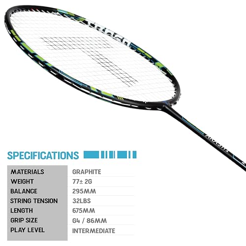 Image of TANSO Arashi 2.0 Full Graphite Ultra Light Weight Carbon Fibre Strung Badminton Racket with Free Full Racquet Cover (77 Grams, 32 Lbs Tension, Strung with Premium Strings) (Green)