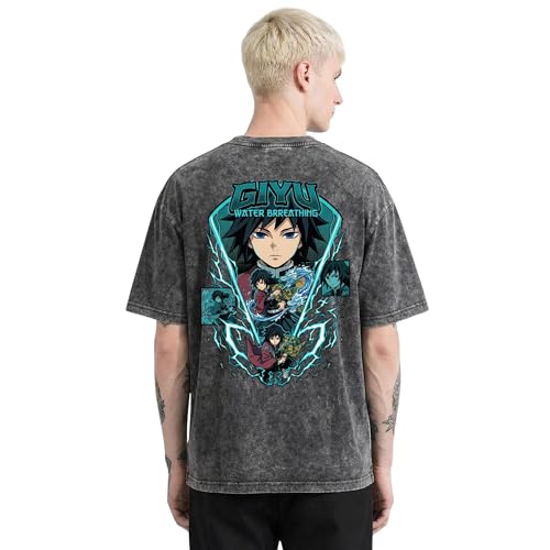 Image of Anime Printed T Shirt for Men | Demons Slayer Giyu Graphic Cotton Oversized Drop Shoulder | Black Round Neck Short Sleeve | Lightweight Casual Wear
