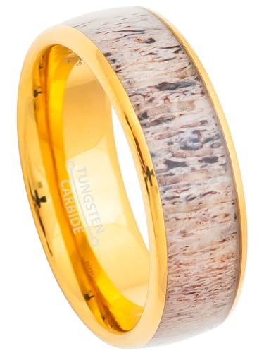Jewelry Avalanche 8mm Men's Yellow Gold Tungsten Wedding Band - REAL Deer Antler Inlay Comfort-Fit Dome Anniversary Ring