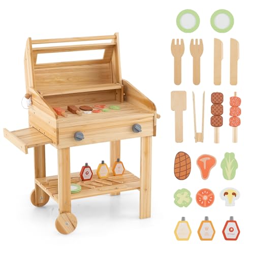 HONEY JOY Mud Kitchen, Fir Wood Outdoor Kids Barbecue Grill Playset, Play Food & Grilling Tools, Retractable Serving Tray, Moving Wheels, Cooking BBQ Pretend Play Kitchen for Toddlers, Natural
