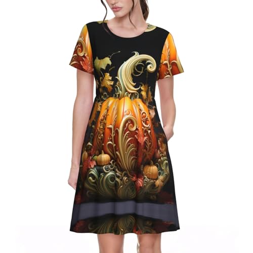 Robe imprimée citrouille d'automne pour femme dotée de manches courtes et poches latérales