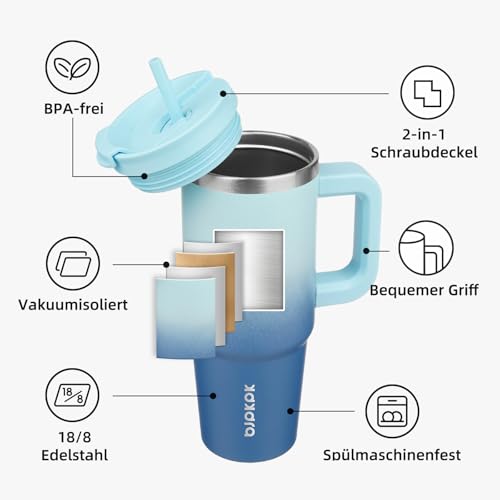 BJPKPK 900 ml Isolierter Edelstahl-Becher mit Griff Deckel und Strohhalm – Ansicht 4